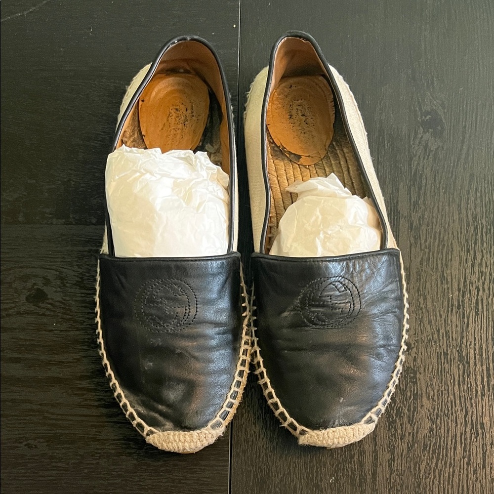 Gucci Tan and Leather Woven Sole Espadrilles